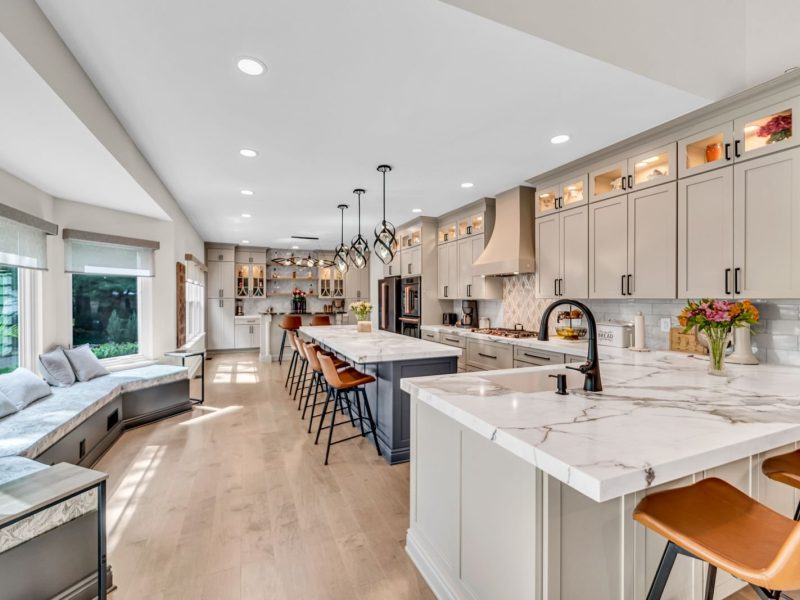 Quartz countertop installation with waterfall edge in a Cherry Hill, NJ kitchen