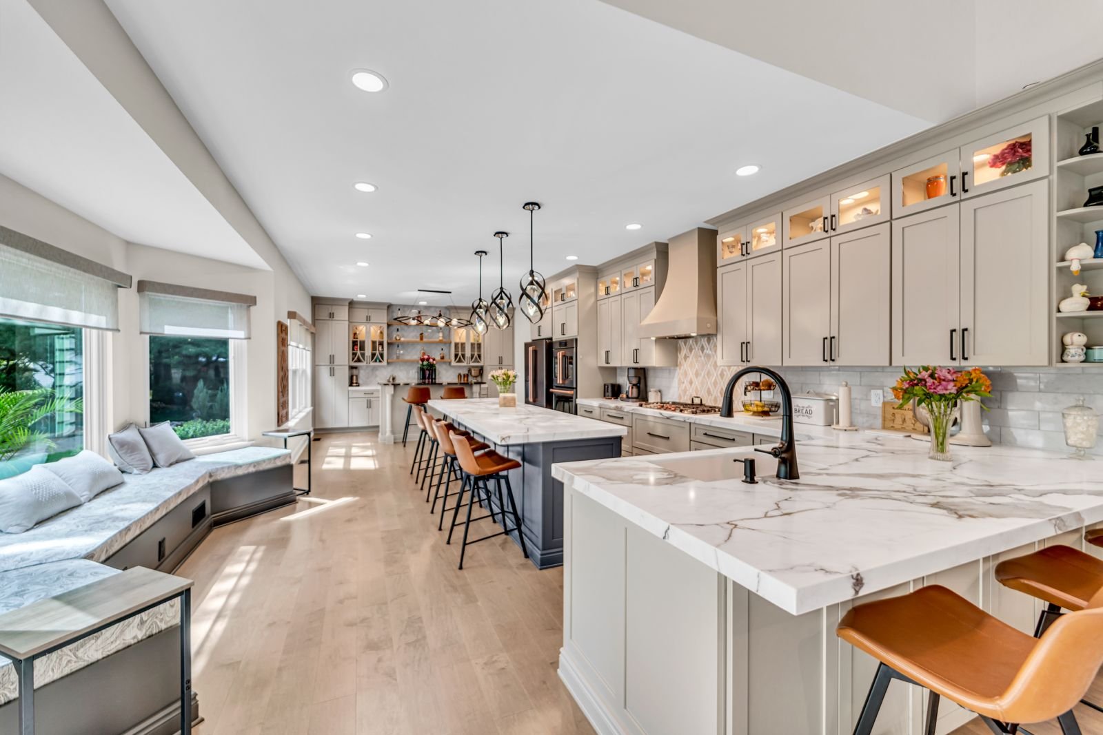 Quartz countertop installation with waterfall edge in a Cherry Hill, NJ kitchen